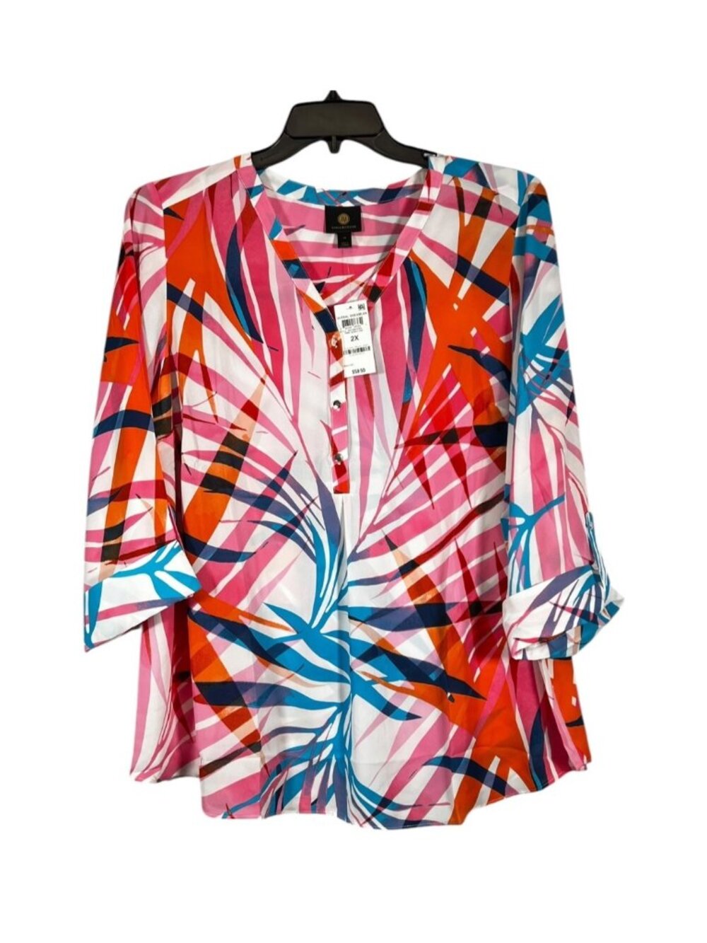 JM Collection 2X Pink Orange Tropical Print Roll Tab Sleeve Blouse NWT $59